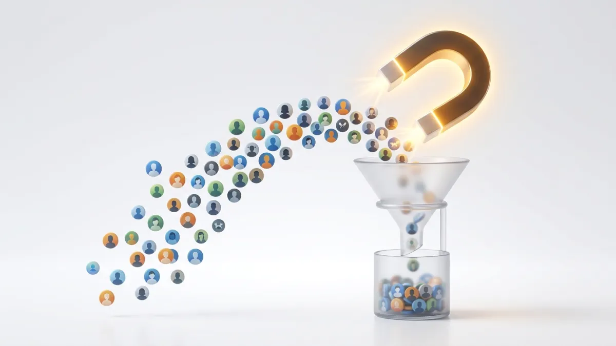 Magnet attracting user icons into funnel for lead generation