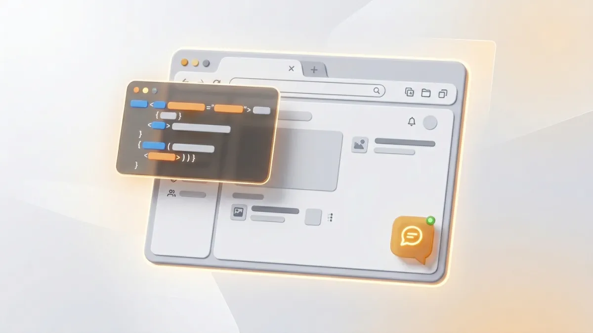 Browser window with code snippet and chat widget being embedded