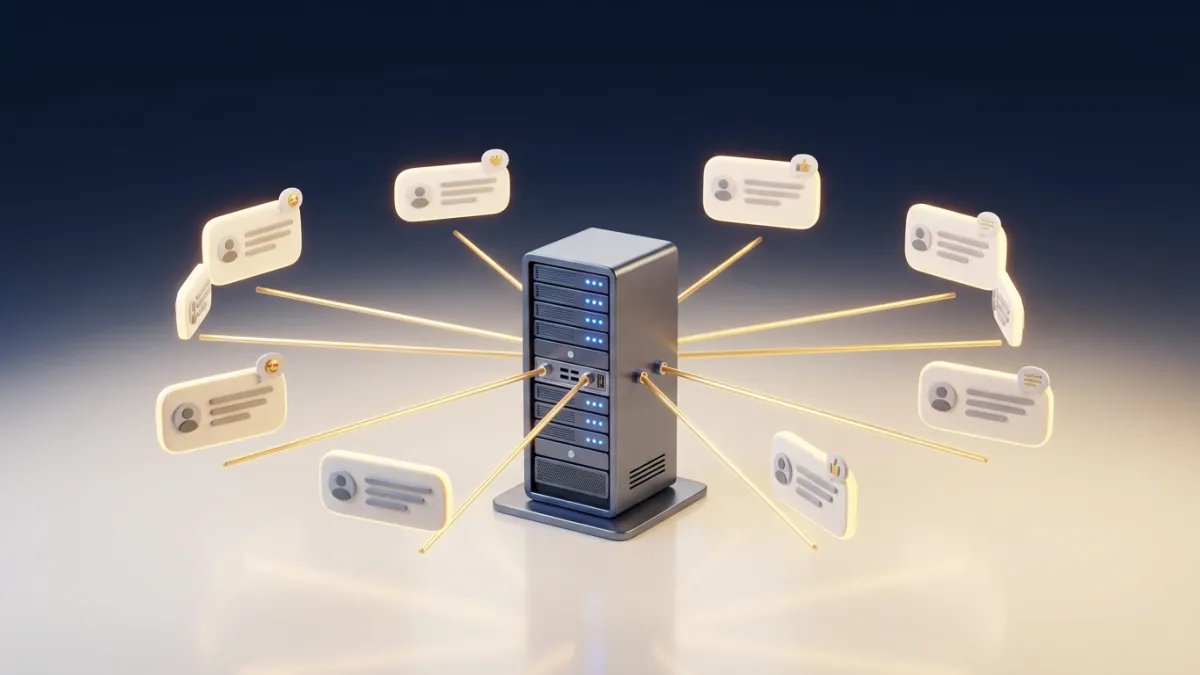 Server rack connected to multiple chat widgets in hub and spoke network