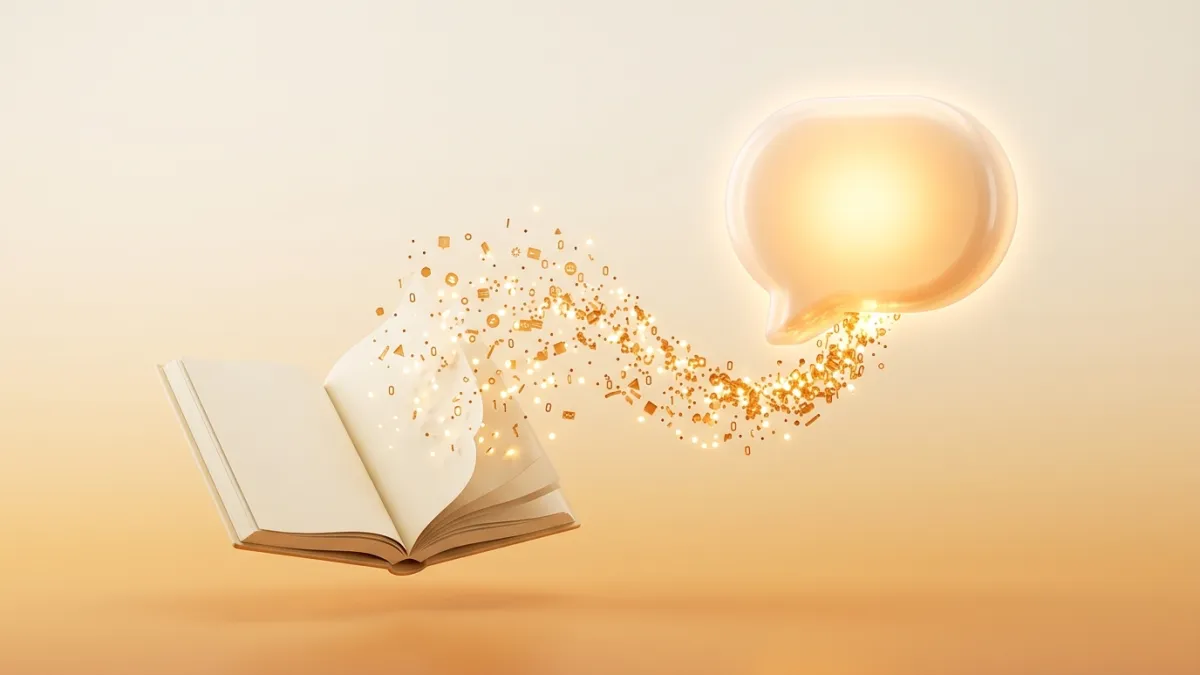 Open book with data particles flowing into a glowing chat bubble