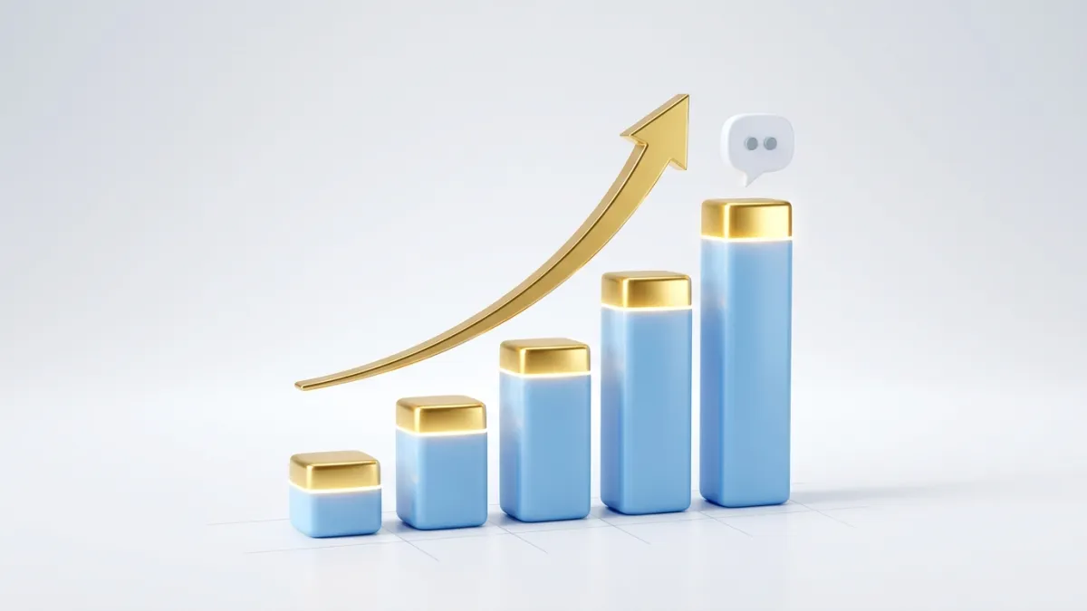 Bar chart with upward trend and chat bubble showing chatbot ROI